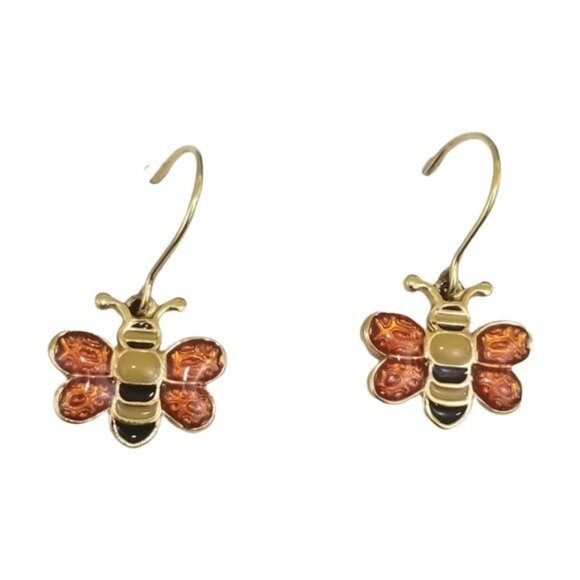 Vintage Enamel Bumblebee Earrings 1" Drop Gold Tone Dainty Bug Estate Jewelry - Picture 2 of 6